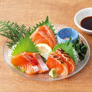 Domestic salmon sashimi, served three ways