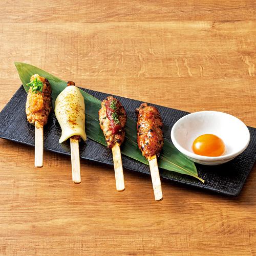 Assortment of 4 kinds of handmade Joshu shamo meatball skewers