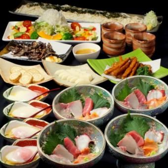 ■新海4,980日元宴会套餐，可享用6种生鱼片等8种菜肴和100分钟无限畅饮