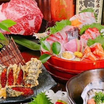 【豪華絢爛コース6600円(税込)】刺身盛り,黒毛和牛の瓦焼き等全11品/平日3時間飲み放題付き