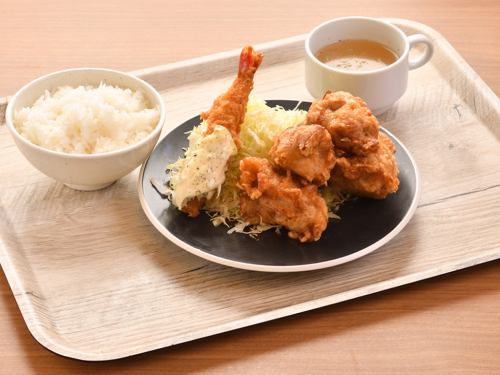 Fried shrimp & Sapporo Zangi set meal
