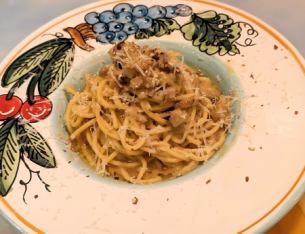 [Tajarin] Porcini mushroom and pancetta rich sauce carbonara style