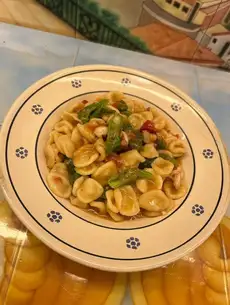 [Orecchiette] with octopus, shishito peppers, fresh tomatoes, and capers in an oil sauce.