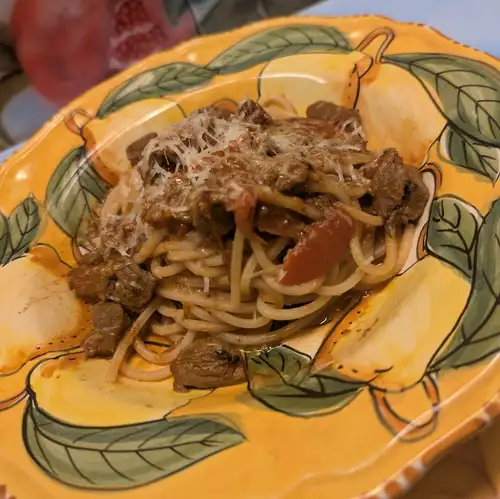 [Chitarra] Abruzzo-style lamb and paprika tomato stew with Pecorino cheese.