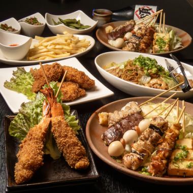 [Popular] "Shō" boasts 6 skewers of yakitori and grilled skewers, huge fried shrimp, and 13 other dishes, 120 minutes of all-you-can-drink included, 5,000 yen