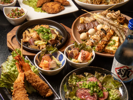 【贅沢】『頌』自慢の焼き鳥・串焼7本×海老フライ×牛レアステーキ等全15品★120分飲放付6000円