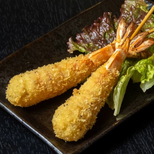 Huge, plump shrimp tempura skewers