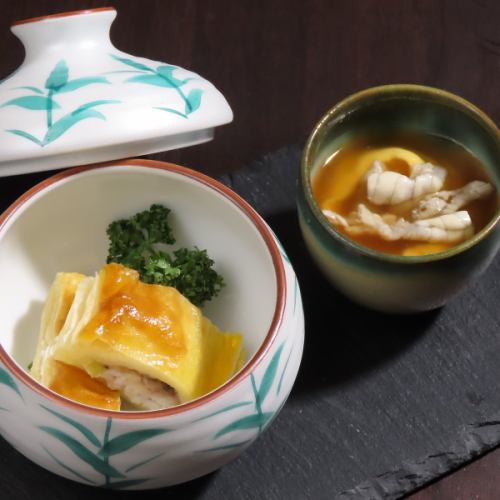 Grilled horse mackerel wrapped in pie, Pufferfish chawanmushi