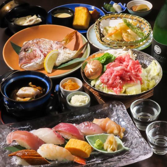 【プチ贅沢コース】鯛のかぶと塩焼・牛すき鍋・白子・寿司7貫など/全8品/6800円（当日可）