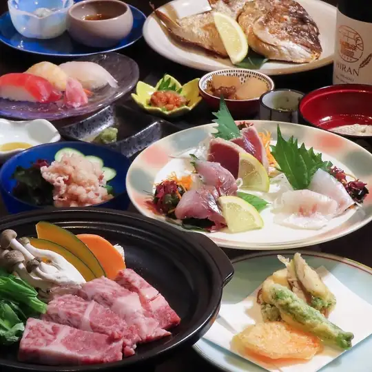 【プチ贅沢コース】鯛のかぶと塩焼・黒毛和牛の陶板焼き・寿司3貫等/全9品/6900円（当日可）
