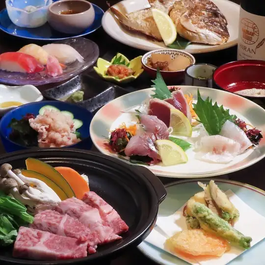 【プチ贅沢コース】鯛のかぶと塩焼・黒毛和牛の陶板焼き・寿司3貫等/全9品/6900円（当日可）