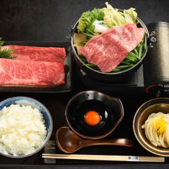 Lunch: Shinshu Premium Beef <Sukiyaki Set> A well-balanced set meal of carefully selected lean meat and marbled loin.3500 yen