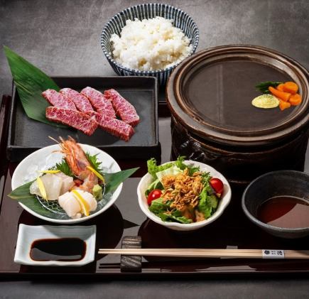 점심 <검은 털 일본소 하라미 고기> 도판 구이 밥솥 원적외선 효과로 고기가 맛있게 육즙 5000엔
