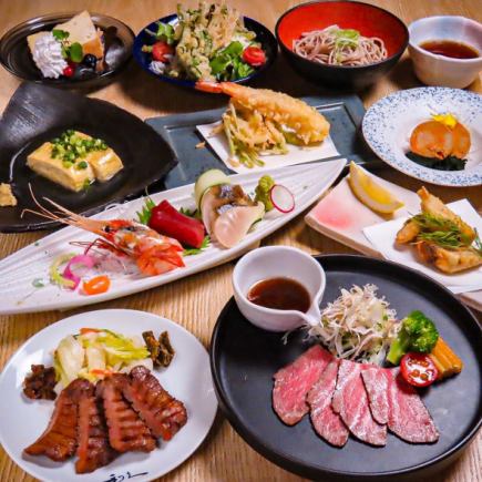 【新年派對套餐】包含刺身、炸河豚、仙台牛肉、牛舌等10道菜,以及120分鐘暢飲,僅需8,000日圓。