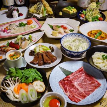 【新年派对套餐】11000日元套餐,包含刺身、薄切河豚、握寿司、寿喜烧等10道菜,以及120分钟无限畅饮