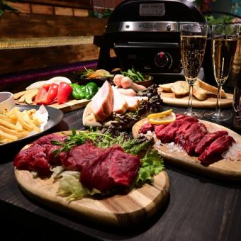 [6,000 yen] Standard BBQ course (includes fries and edamame, domestic Wagyu beef steak, and all-you-can-drink)