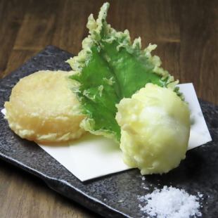 Soft-boiled egg and radish tempura