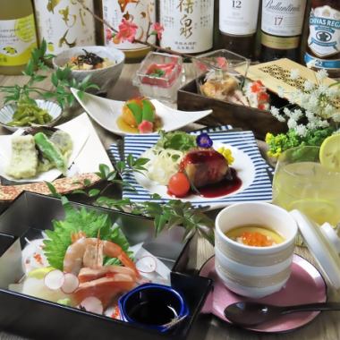 [Standard] One dish per person, 3 types of sashimi, chicken teriyaki, rockfish tempura, seasoned rice, 9 dishes in total, 2 hours all-you-can-drink, 6,000 yen