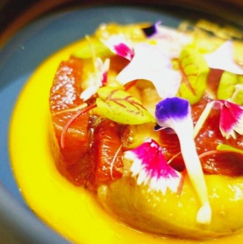 Kawachi duck loin, jade eggplant, flower tartare