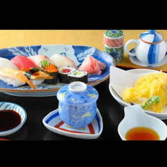 【尽情享受握寿司】7个寿司+细卷和现炸天妇罗“花膳”3道菜共2,200日元(含税)