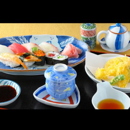 【尽情享受握寿司】7个寿司+细卷和现炸天妇罗“花膳”3道菜共2,200日元（含税）