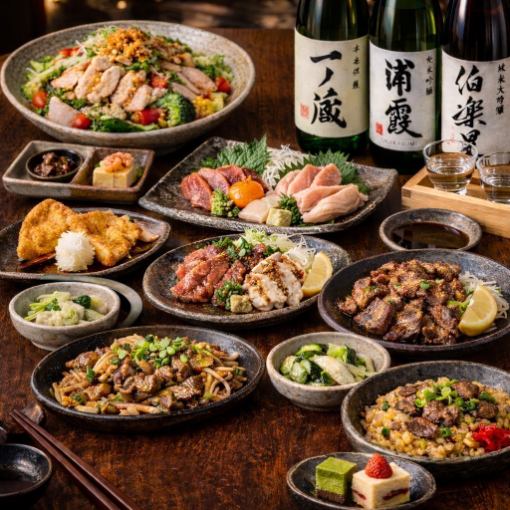 【堪能コース】鮮魚2点盛り、鶏刺し3種、焼き鳥など全10品 3H飲み放題付き6000円(税込)