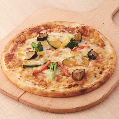 Meat pizza with plenty of vegetables