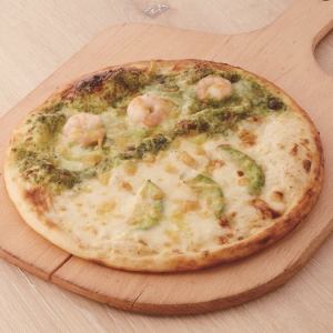 Avocado & Shrimp Pizza Half & Half of Basil Sauce & Cream Sauce