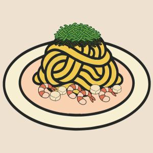 작은 새우와 가리비의 일본식 명란 파스타