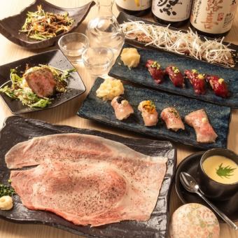 【2時間飲み放題付き(ビール付き)】A5ランクリーブロースさしとろ&肉寿司極み盛含む全8品8100円