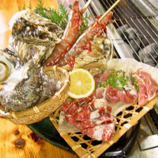 [Price for 2 to 3 people] Seasonal oysters, extra-large shrimp, Japanese black beef, and turban shells [Charcoal-grilled] C set