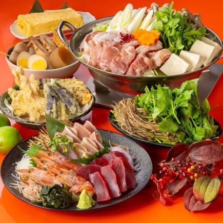 当店OK◎仙台名物鶏せり鍋◎鶏屋さんの刺盛&親鳥の炭火焼き&出汁巻き等8品◎120分飲放題付4000円