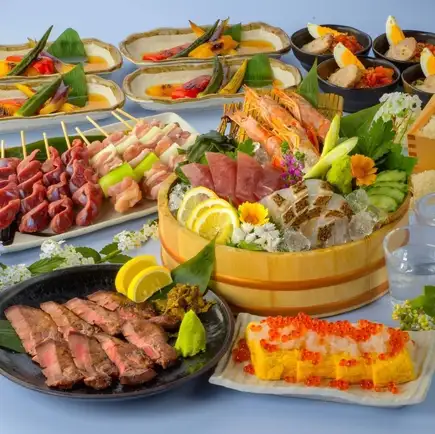 当日OK☆豪華☆東北地酒15種飲放付☆鶏屋さん刺身3点盛&日高見牛ステーキ&ちらし寿司等8品5000円