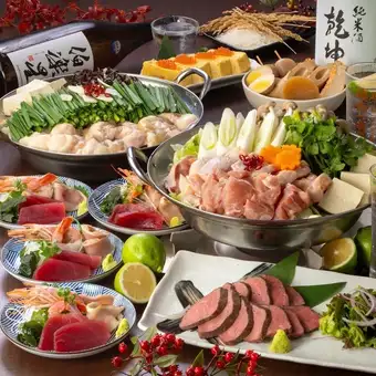 当日OK☆豪華☆東北地酒15種飲放付☆鶏屋さん刺身3点盛&日高見牛炭火焼き&鶏せり鍋等8品5000円