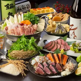☆超豪華東北地酒15種飲放題付◎鴨せり鍋◎仙台名牛タン炭火焼・鮮魚の炭火焼き等8品6000円