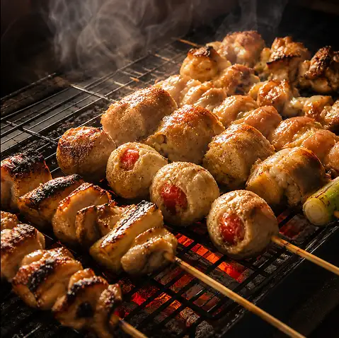 Premium skewers made with carefully selected, high-quality chicken and seasonal vegetables, expertly grilled by skilled artisans.