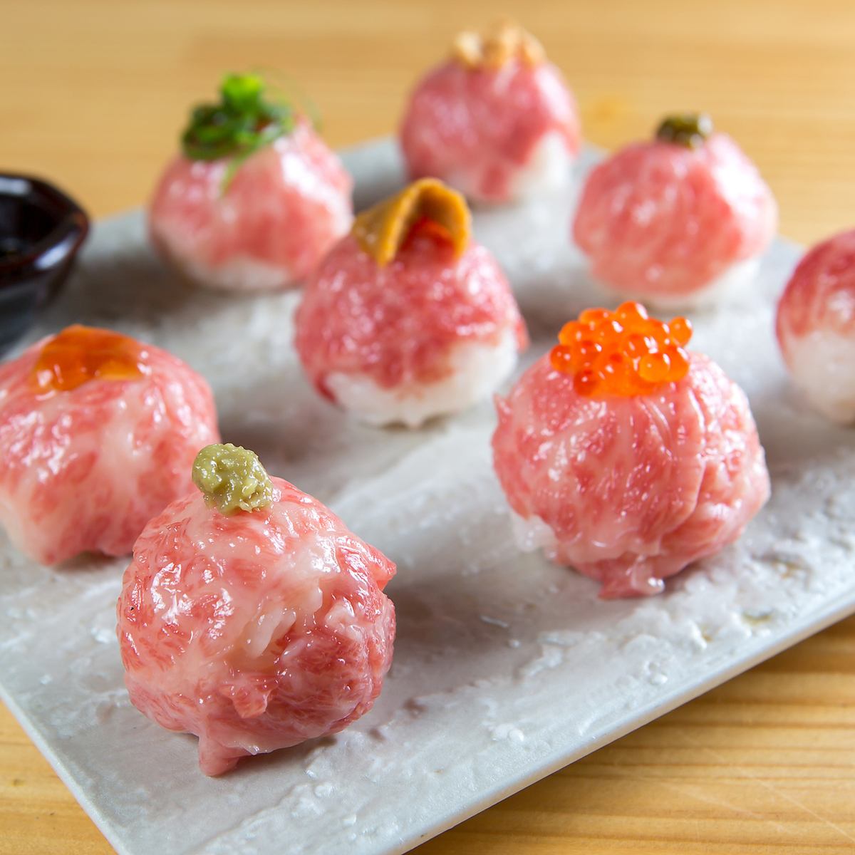 "Mote original meat ball sushi" using A5 rank Japanese black beef