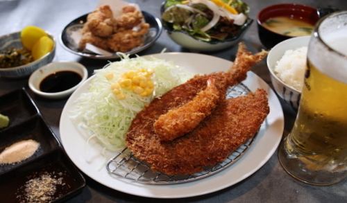 アジフライ　+ エビフライ　定食