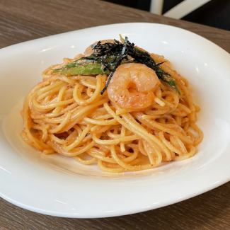 Mentaiko pasta with shrimp and asparagus