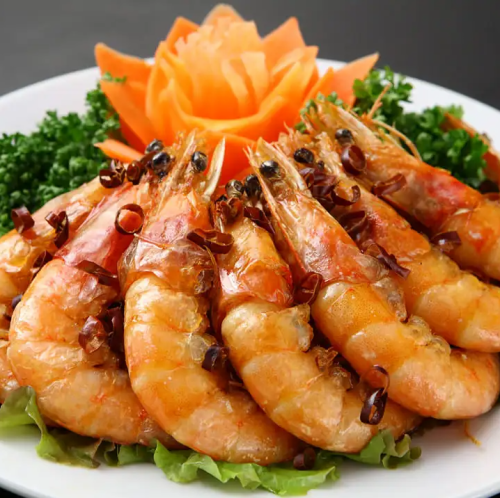 殻付きエビの塩コショウ香り焼き/揚げ豆腐の辛子炒め