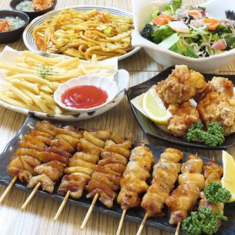 【オトク◎】当店逸品炭火焼き鳥と地鶏使用の若鶏唐揚げ『椿-tsubaki-』《120分飲み放題　7品》