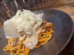 Homemade Bolognese pasta with red wine aroma