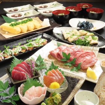 “仅限周日”【月光】8道菜,包括3种新鲜鱼类拼盘、炭烤牛舌、冷肉荞麦面,另加120分钟当地清酒畅饮,仅需3500日元