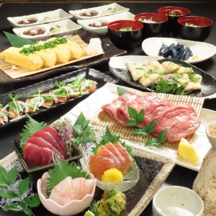 “仅限周日”【月光】8道菜,包括3种新鲜鱼类拼盘、炭烤牛舌、冷肉荞麦面,另加120分钟当地清酒畅饮,仅需3500日元