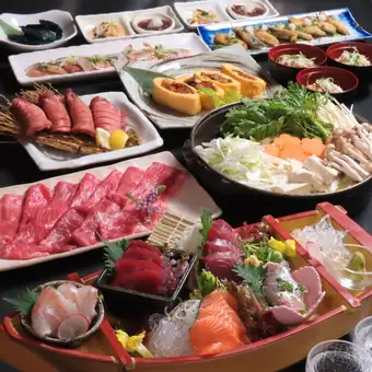 【宵月】舟盛・仙台牛すき焼き・鰻巻き・牛タン・肉蕎麦等9品+2h地酒付飲み放題6000円→5000円　
