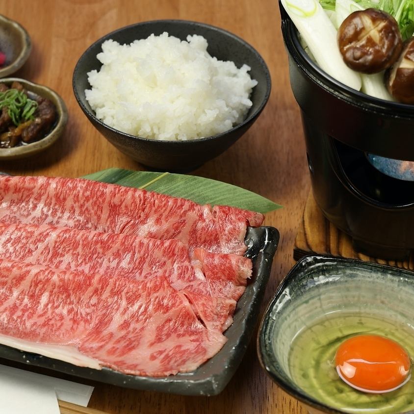 Our specialty sukiyaki set meal made with A5 rank domestic Japanese black beef!