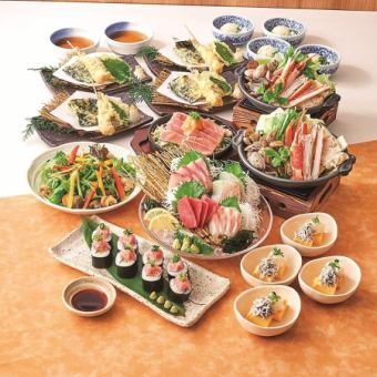 【華の宴】本鮪入刺盛や鮪ハラモステーキ・ズワイガニ陶板蒸しや天ぷら等8品+飲み放題付6000円