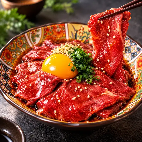 我們也推薦我們的肉類菜餚，例如“牛腩排Yukhoe”。我們提供各種烹飪方法烹製的菜餚，包括鐵板燒、炙烤和刺身。