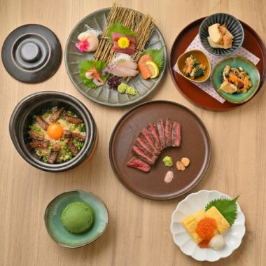 Fresh five-item sashimi, Wagyu beef rump steak, and seasonal clay pot rice ◎ 7-course meal [8000 yen]