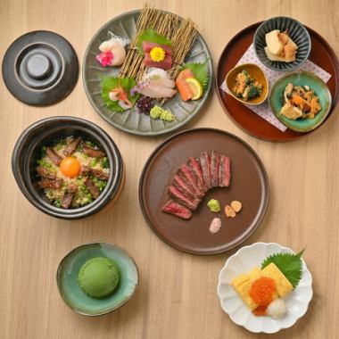 Fresh five-item sashimi, Wagyu beef rump steak, and seasonal clay pot rice ◎ 7-course meal [8000 yen]